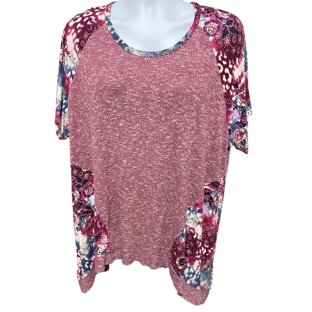 Live Well Womens Top 22/24W Short Sleeve Stretch Patchwork Pink Floral